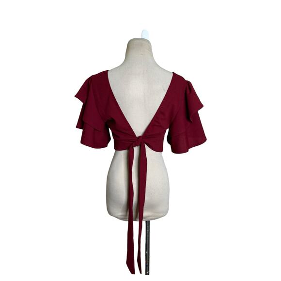 Cameo red short bell sleeves back tie crop blouse size Large - Picture 7 of 12